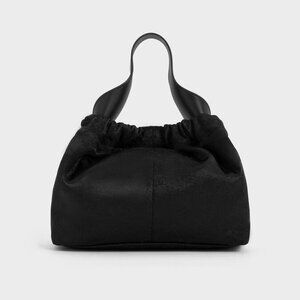 Charles & Keith Ally Satin Floral-Print Ruched Bag - Noir